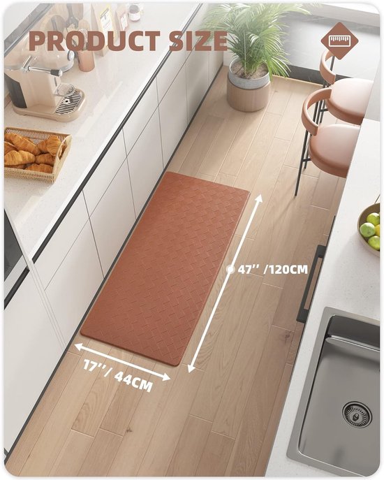 Keukenmat 44 x 120 cm, Anti Vermoeidheid Keukenmat Anti slip Wasbaar, Olie resistent, Waterdicht Leer Keukenmat voor Keuken, Eetkamer, Woonkamer, Kantoor (Bruin)