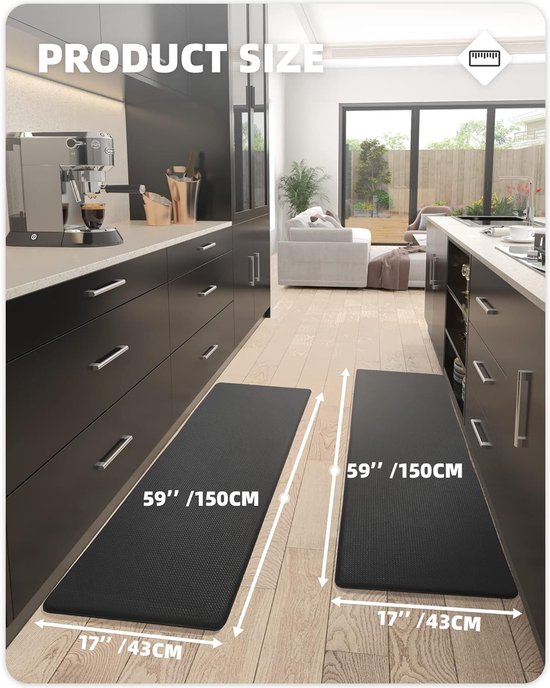 Keukenmat 44 x 150 + 44 x 150 cm, Veerkrachtig Leder Keukenmat Anti slip Wasbaar, Comfortabele Keukenmat Waterdicht voor Keuken, Woonkamer, Kantoor (Zwart)