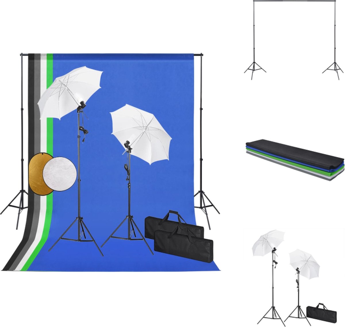 vidaXL Studioset Achtergrondverlichting - 300 cm - Flexibel 5-in-1 Reflectorsysteem - Daylight lampen - Draagtas - Geschikt voor fotografie en film - 100 W - 2 lampenset - Statief - Paraplus - Reflectoren - Fotostudio Set