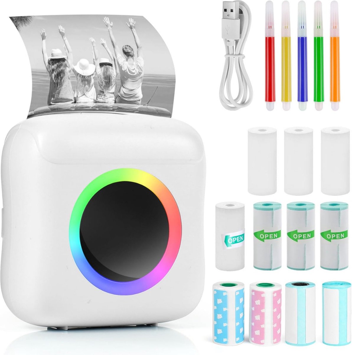 Mini Printer – Inclusief Thermisch/Zelfklevend/Etiket-Papier, USB-kabel, Aquarelpen, Transparant Sticke – Foto Printer Draadloos – Mobiele Fotoprinter - Wit