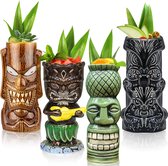 Set van 4 Tiki-glazen voor cocktails, grote tropische keramische kopjes, Hawaii Tiki Party, creatieve cocktailglazen bar, drinkgerei, premium tropisch exotisch bargerei