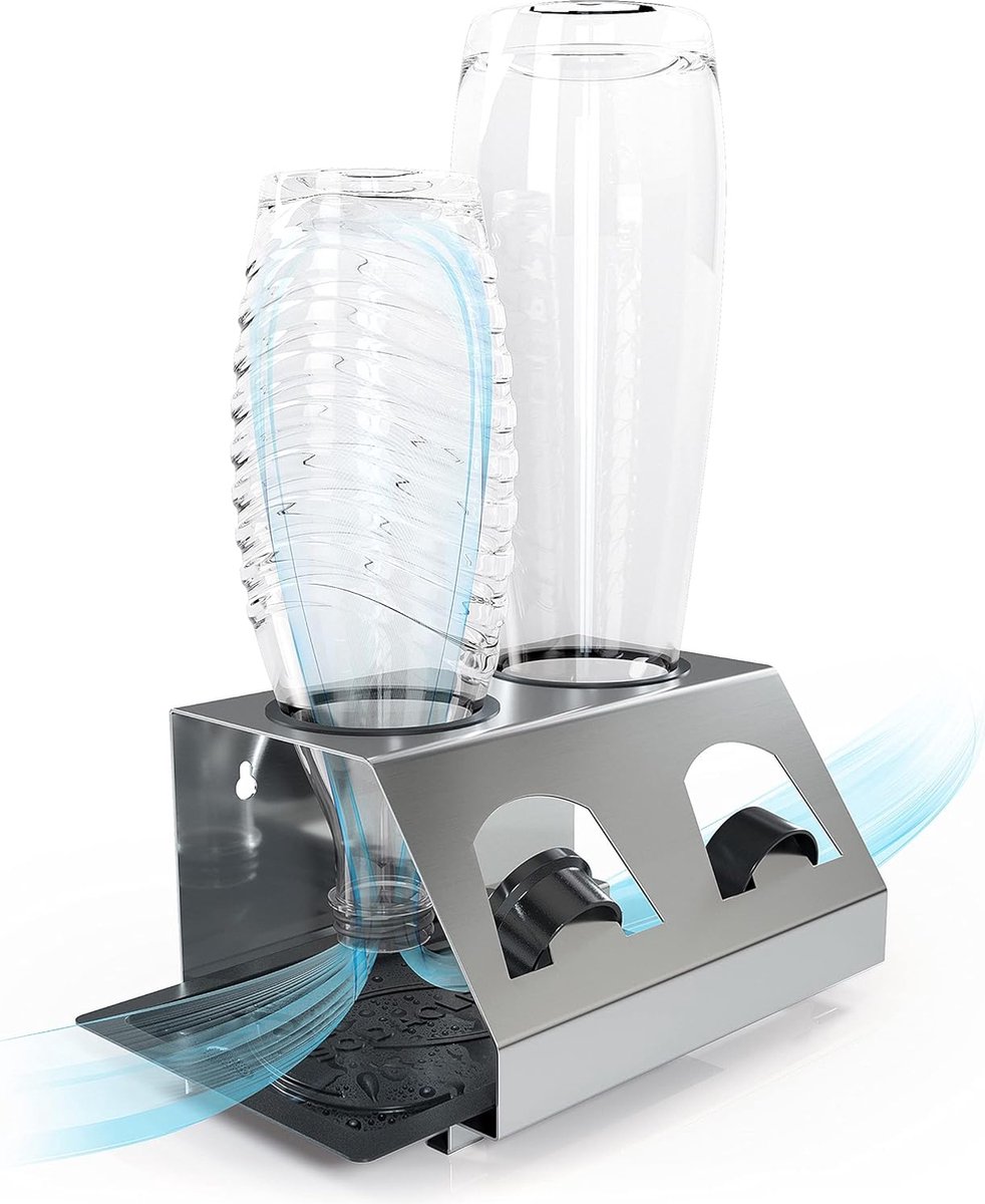 Goedkoopste SodaClean® premium stainless steel dish drainer with drip tray for SodaStream and Emil bottles. Dishwasher safe dish drainer rack including lid holder. Crystal Easy Power.
