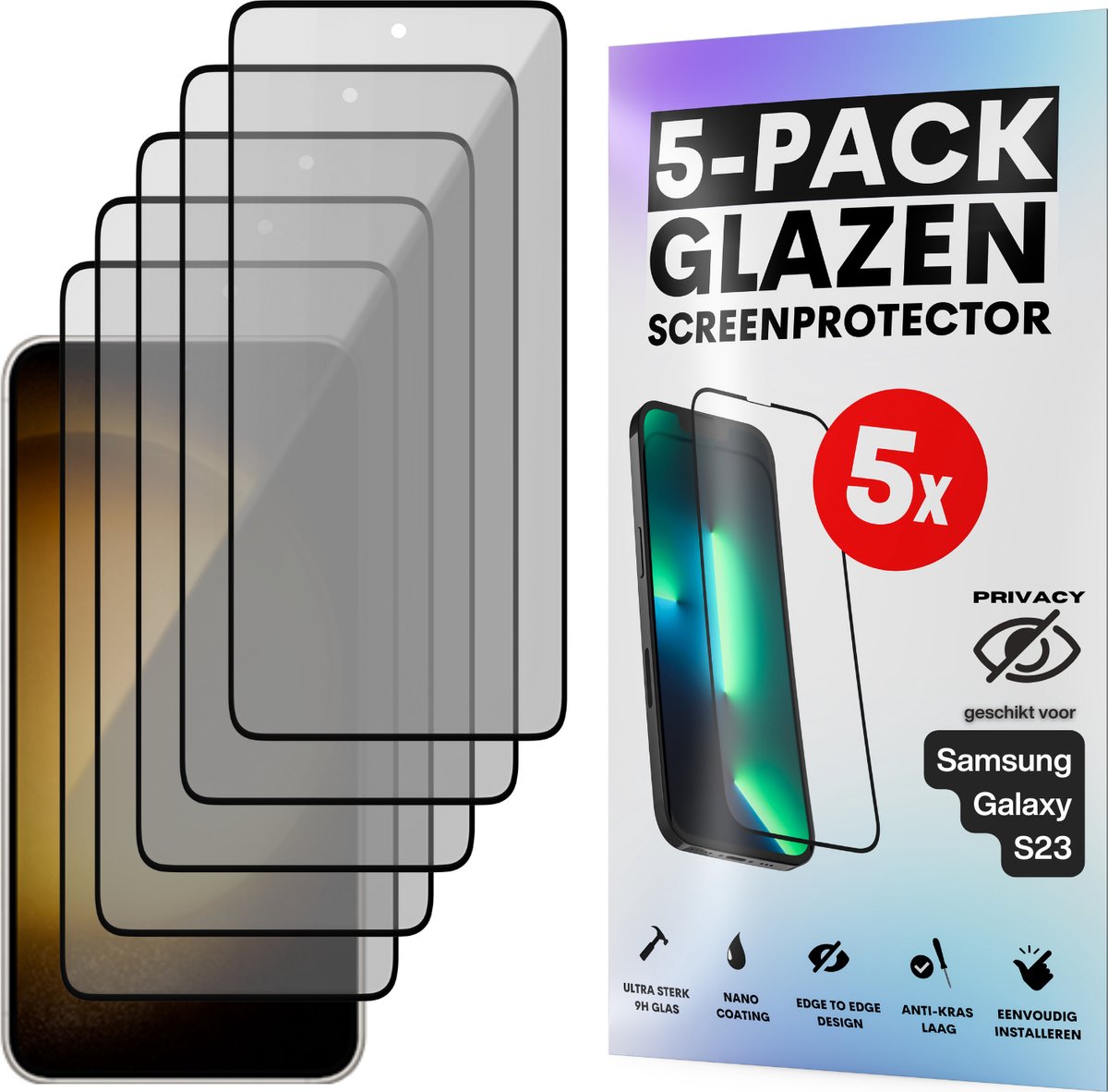 Privacy Screenprotector - Geschikt voor Samsung Galaxy S23 - Gehard Glas - Full Cover Tempered Privacy Glass - Case Friendly - 5 Pack