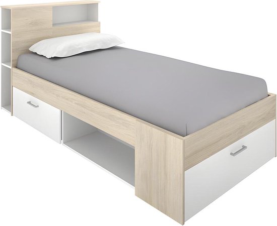 Bed en hoofdeinde met opbergruimtes en lade - 90 x 190 cm - Wit en naturel - LEANDRE L 218.5 cm x H 95 cm x D 99.5 cm
