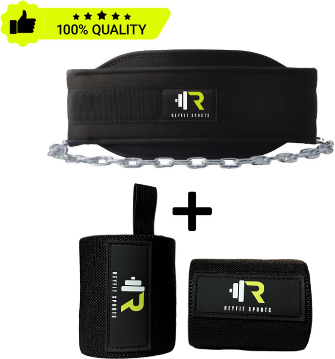 ReyFit Sports - Gordel dip + 2x Polsondersteuning Bundel - Dip Belt + Wrist Wraps - Fitness Accessoires - Hoog Kwaliteit - Zwart