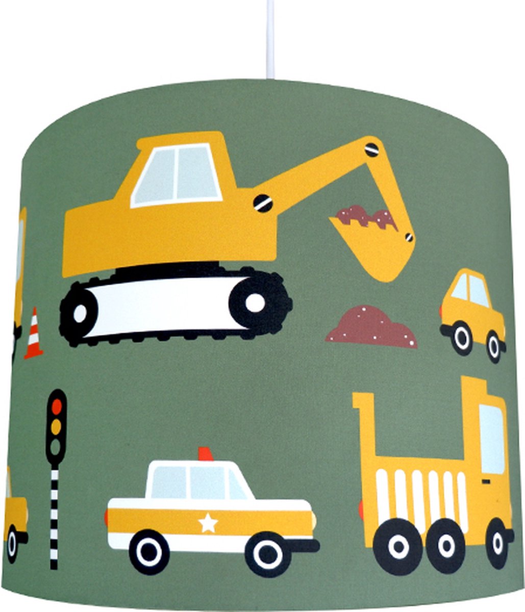 Hanglamp Voertuigen olijf groen Graafmachine Vrachtwagen Busje Caravan Auto jongenskamer Verlichting diameter 30cm met pendel voor kinderkamer