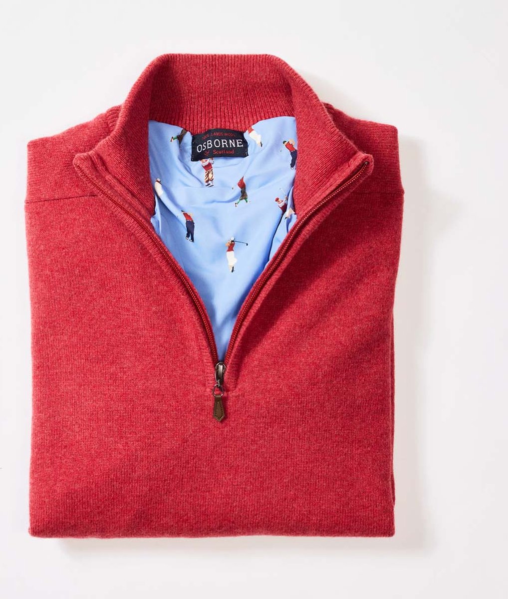 Osborne Knitwear Windstopper trui met halve rits heren - Sweater heren in Lamswol - Pullover Heren - Rouge - Voering met golfprint - XL