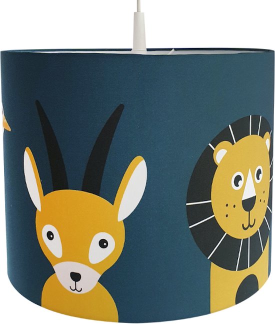 Hanglamp Dieren donker blauw met leeuw, baviaan, struisvogel, hyena, luiaard en gazelle jongenskamer Verlichting diameter 30cm met pendel voor kinderkamer