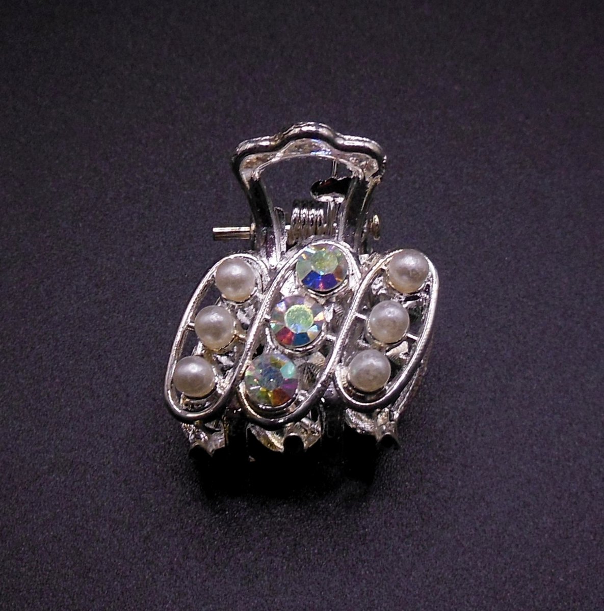 Haarklem metaal klein tas schuin met parel + gekleurde diamanten - Communie