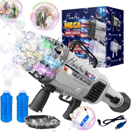 Foto: Huntex mega bubble blaster xxl 64 holes zwart met led verlichting extra bellenblaas navulling bellenblaas pistool machine bruiloft groot bubble gun