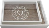 2x houten dienblad - rechthoekig houten dienblad met motief "I LOVE MY HOME" in verschillende maten - dienblad met handgrepen (02 stuks - "I LOVE MY HOME")