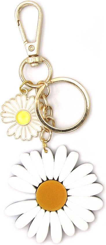 Tashanger sleutelhanger met bloemen zonnebloem madeliefje met goudkleurige musketonhaak en ring