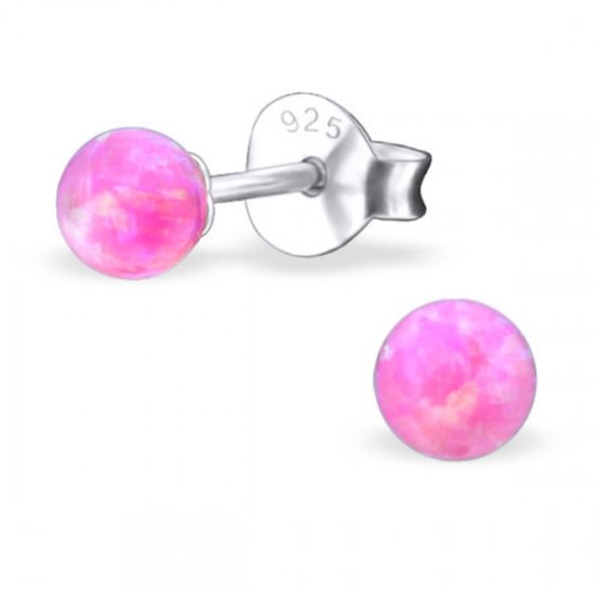 Joy|S - Zilveren parel oorbellen - 4 mm - roze bubble gem synt opaal - oorknopjes