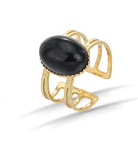 Ring – Rvs – Ovaal - Obsidiaan - 15 mm - edelsteen - Goudkleurig 18K PVD plating – Verstelbare – ontwerp – Makkelijke voor mensen met moeilijke en artrose vingers