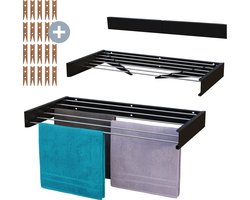 MiKas Wanddroogrek - Inklapbaar Droogrek - Wasrek - Hangend - Inclusief 20 wasknijpers - 100 cm - 6m drooglengte - Zwart