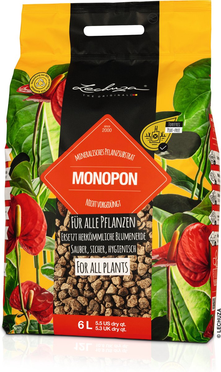 LECHUZA MONOPON 6 liter - 100% natuurlijk puimsteen - Geschikt voor alle planten in plantenbakken zonder LECHUZA-irrigatiesysteem - Niet voorbemest - ALTIJD BETER DAN AARDE!