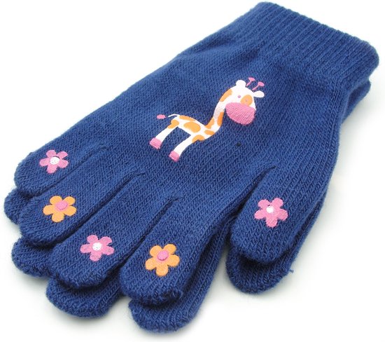 Kinderhandschoenen meisjes donker blauw met giraffe en bloemen