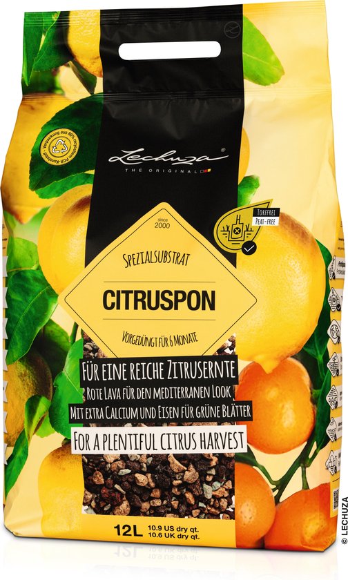 Een zak Lechuza CITRUSPON met citroenen en bladeren. "CITRUSPON" staat prominent in geel op zwart. "FOR A PLENTIFUL CITRUS HARVEST" is ook zichtbaar.
