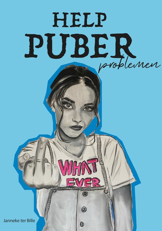 Boek kaft met titel 'HELP PUBER problemen'. Illustratie van puber die middelvinger opsteekt.