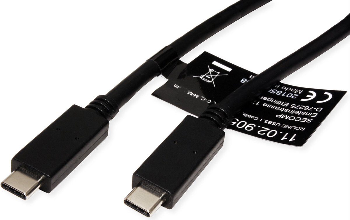 ROLINE USB 3.2 Gen 2 kabel, met PD, C-C, M/M, 4K UHD-1, 10Gbit/s, Emark, 100W, zwart, 0,5 m