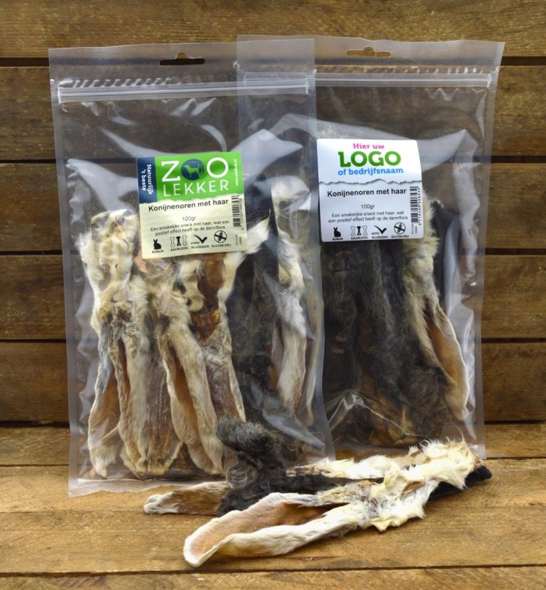 Eigen merk 3 zakjes konijnenoren met haar - 3 x 100 gram - hypo allergeen - glutenvrij -