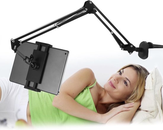 SAMHOUSING Tablethouder, bed, tabletstandaard, 360 graden draaibaar, met stabiele aluminium arm, voor iPad, tablets, telefoons of andere apparaten met 4,5 tot 12,9 inch scherm (wit