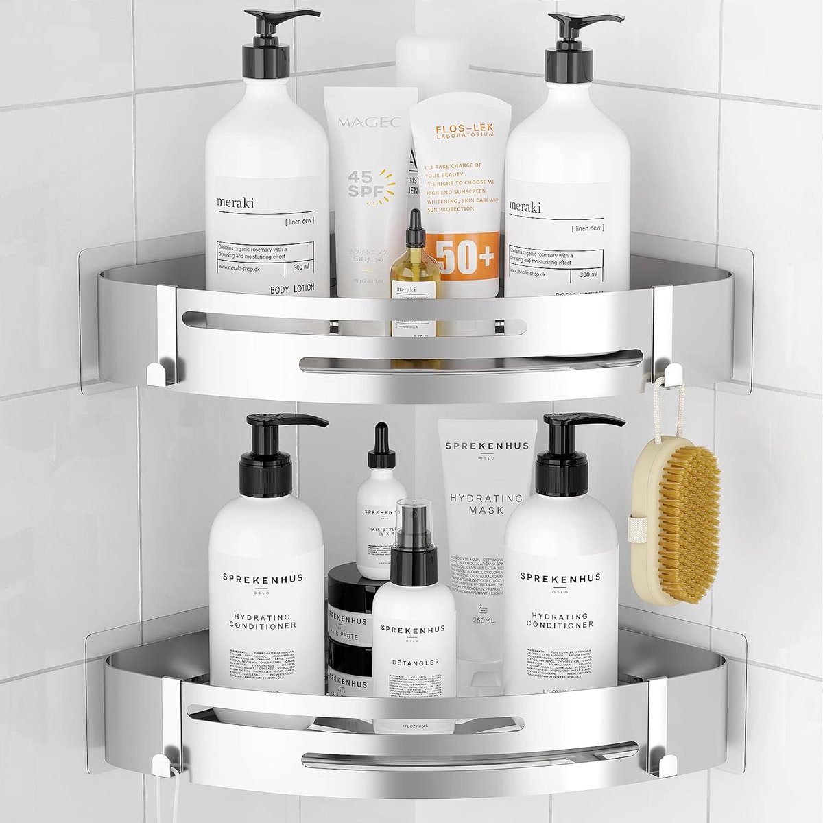 Hoekdoucheplank zonder boren, 2-delig, badkamerplank van roestvrij staal, zelfklevend, opslag voor badkamer met 4 haken voor keuken, opslag van douche, mat design (zilver)