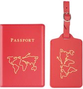 Paspoort hoesje met kofferlabel - Paspoorthouder - Bagage label - Vliegen - Vakantie - Rood / Goud - PU leer - 11 cm x 17 cm