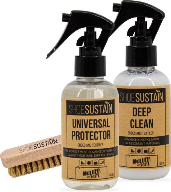 Shoesustain - Clean en Protect set - Universele protectie spray + Deep Clean + verdeel borstel - 150ml