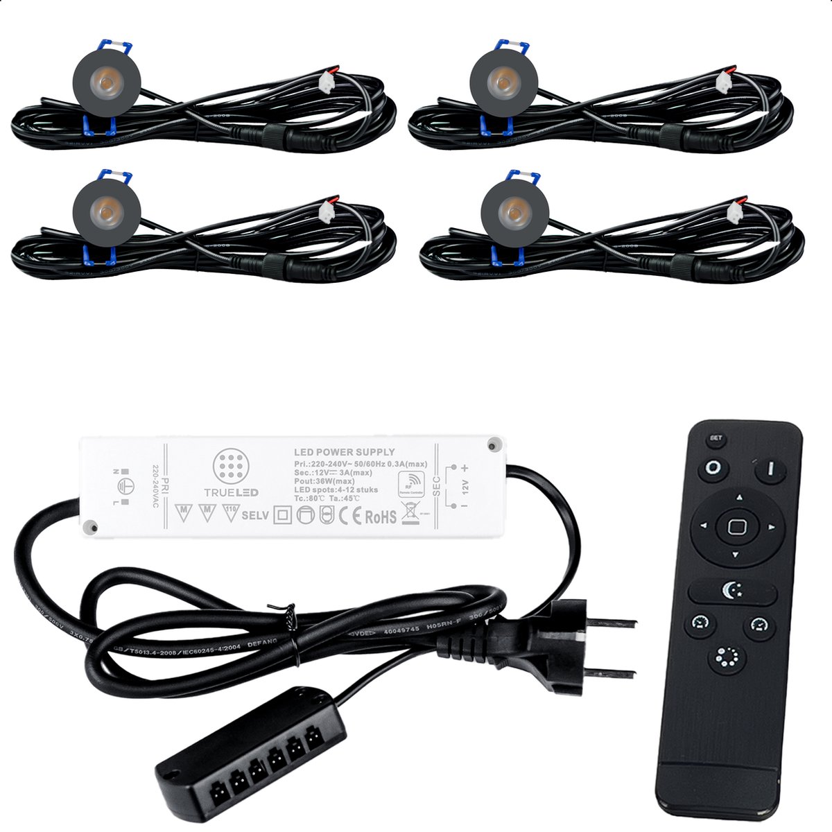 TrueLED Compact Gray - Inbouw LED Spot Dimbaar voor Overkapping - IP65 Verlichting voor Veranda - Complete set van 4 LED Spots