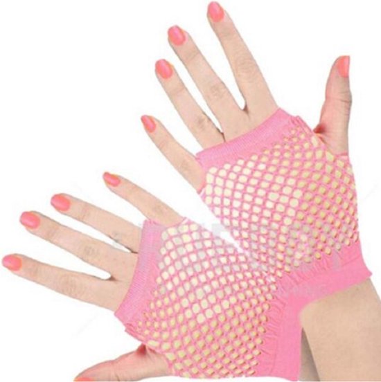 Finnacle - Vingerloze Korte Visnet Handschoenen Fluor Roze Sexy Fancy Carnaval Party Dance Club Nylon Spandex Mesh