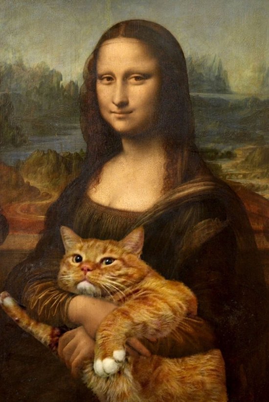 Allernieuwste.nl® Canvas Schilderij Mona Lisa met Kat - Kunst aan je muur - Modern - Woonkamer - Poster - 60 x 90 cm - Kleur