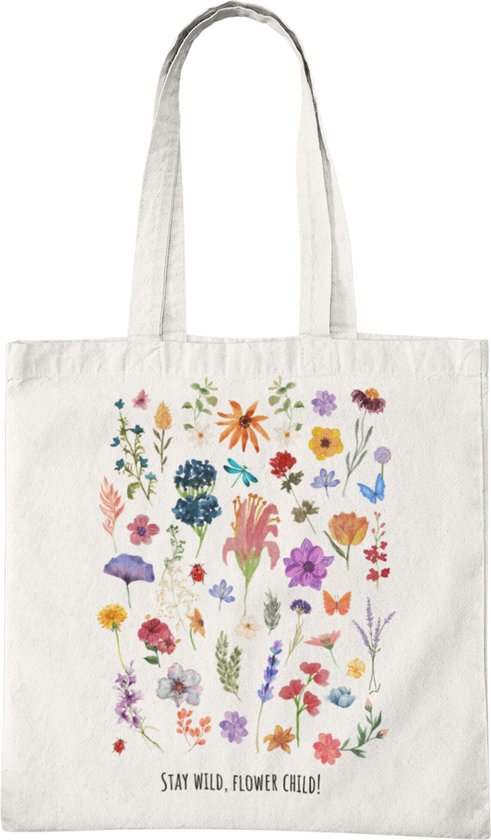 Katoenen Tas met Print - Stay Wild Flower Child Design - Tote Bag - Wit