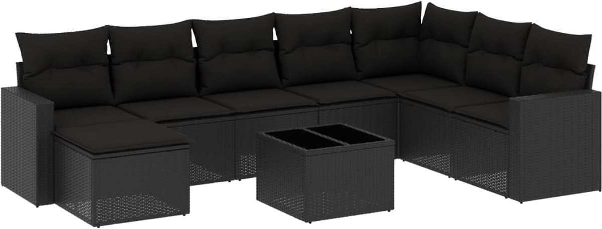 vidaXL 9-delige - Loungeset - met - kussens - poly - rattan - zwart