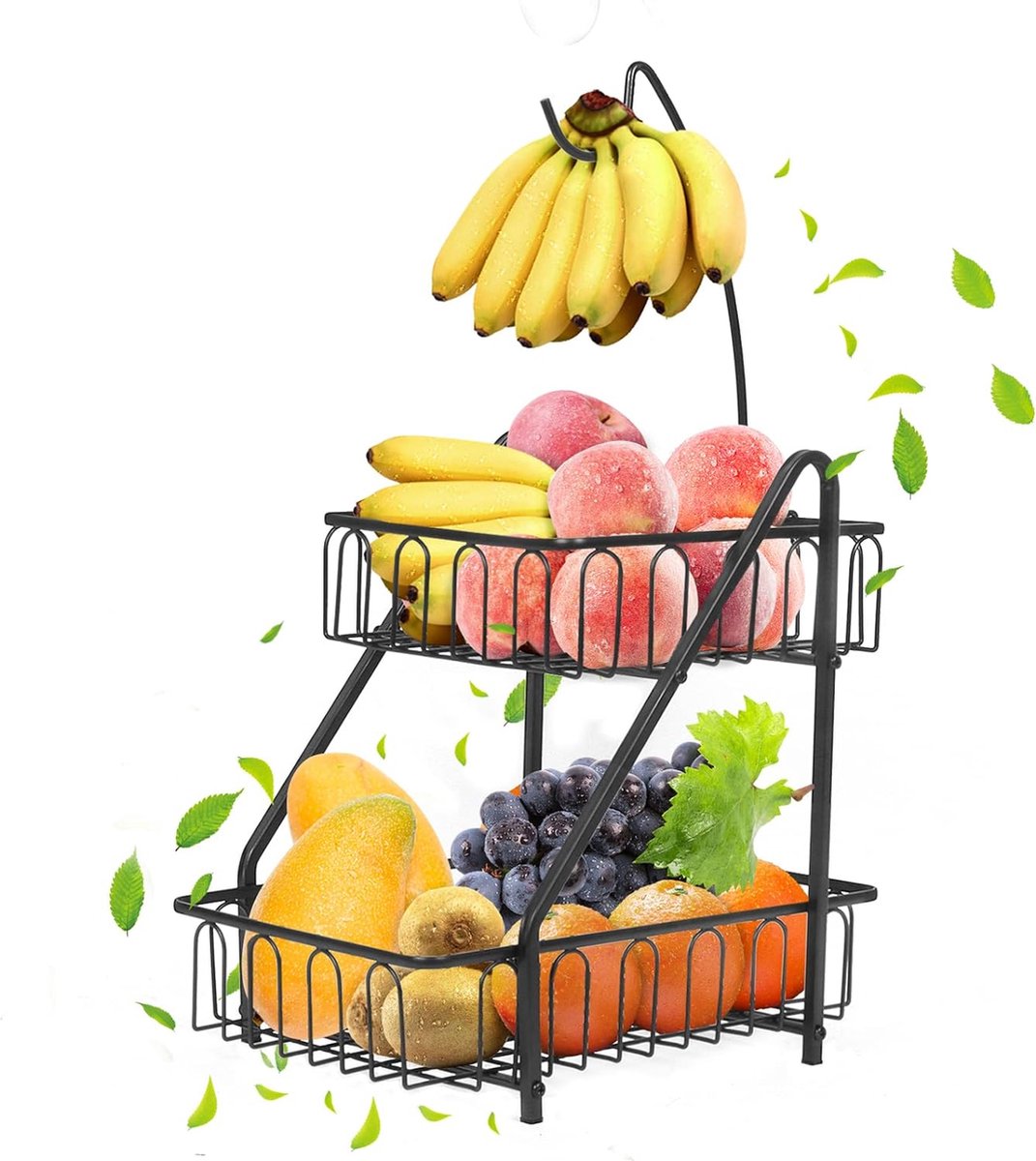 Fruitmand met 2 niveaus en bananenhouder (zwart)