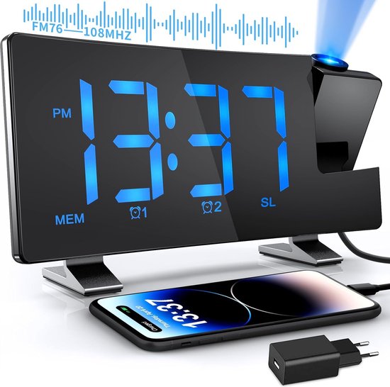 Projectiewekker met USB-aansluiting en Projectieweergave - Helderheidsniveaus Instelbaar - Moderne Radiowekker met Tijdprojectie - Slaapkamer Wekker met USB Oplaadfunctie