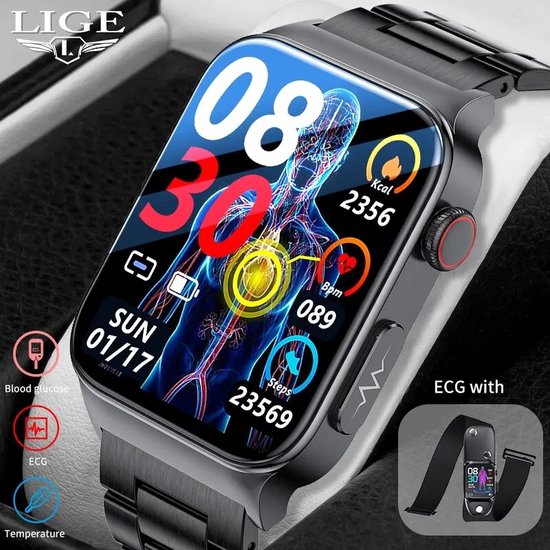 Bloedglucosemeter Gezondheid Smart Horloge Ecg + Ppg Bloeddrukmeting IP68 Waterdichte Sport Smartwatch hartslag, bloeddruk Zuurstof, bloed suiker Meter - Originele Band 2024 Model