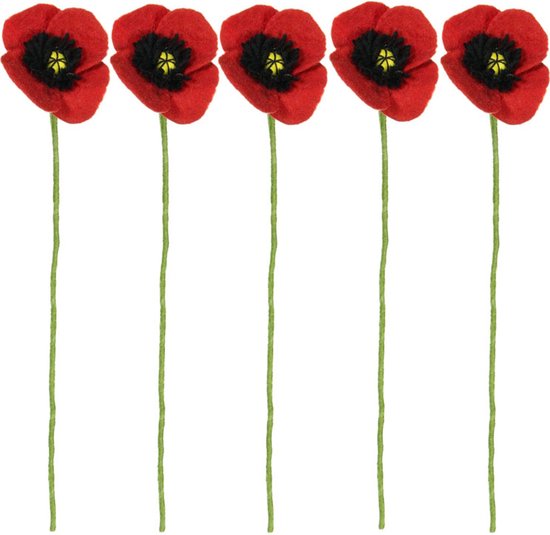 Bloemen Vilt - Klaprozen Rood Poppy - Set 5 stuks - 40cm - Fairtrade Sjaalmetverhaal