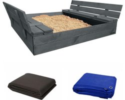Afsluitbare Zandbak met Banken 120x120 cm – Gecertificeerd & Geïmpregneerd in Grijs | Incl. AFDEKZEIL & GRONDDOEK | Voor 1-2 Kinderen