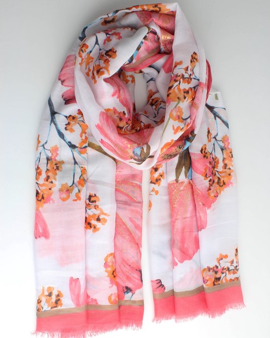 Lara bloemen scarf- Accessories Junkie Amsterdam- Sjaal dames- Dunne sjaal- Sjaal voor lente- Katoen- Omslagdoek- Cadeau- Bloemen print- Roze