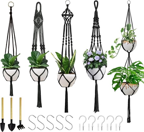 5-Delig Luxe Macramé Plantenhangers Set - Boho Handgeweven Katoen Hangpot voor Binnen/Buiten - Hangende Bloempot met Kralen - Plant Houder - Bohemian Wandhanger Decoratie - Tuin Hanger Bloempothouder Planthanger