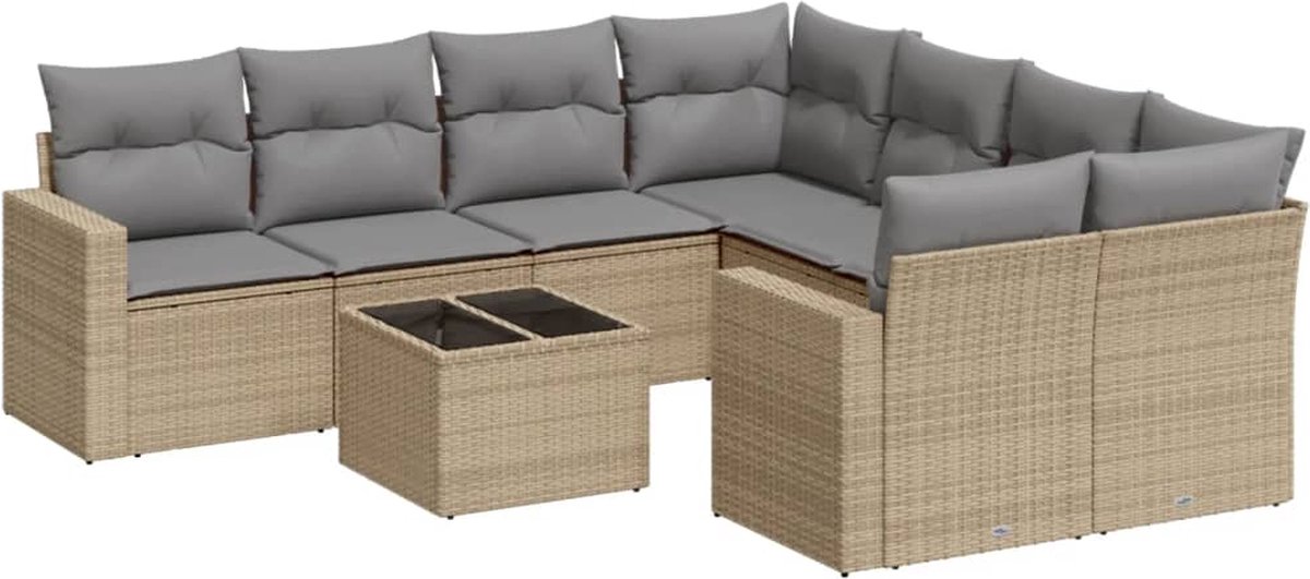 vidaXL 9-delige - Loungeset - met - kussens - poly - rattan - beige