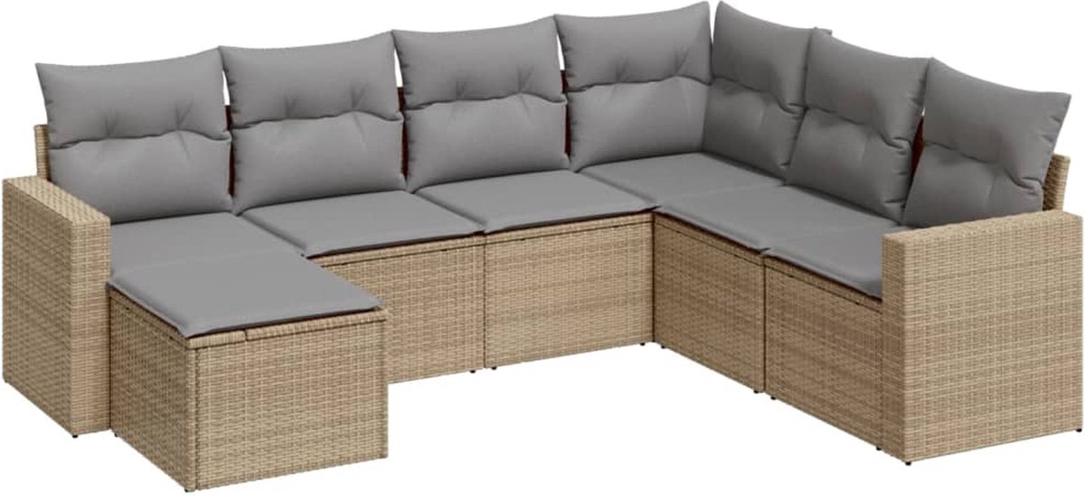 vidaXL 7-delige - Loungeset - met - kussens - poly - rattan - beige