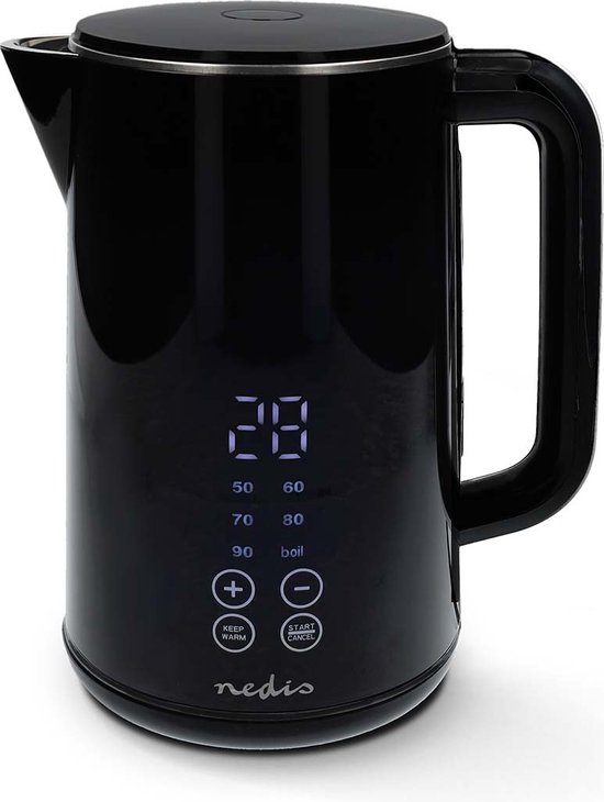 Nedis Waterkoker - 1.7 l - Kunststof - Zwart - 50,60,70,80,90,100 °C - Temperatuurindicator - 360 graden draaibaar - Verborgen verwarmingselement - Strix-controller - Droogkookbeveiliging
