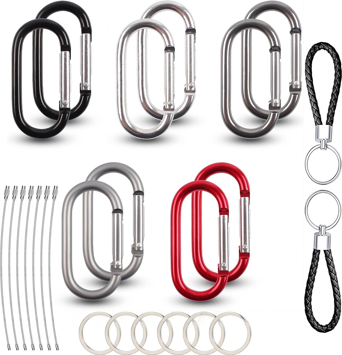 10-Delig 50mm Karabijnhaken Set met Sleutelringen - Carabijn Sleutelhangers - Musketonhaak - Musketon D-vorm Carabiner - Grote Karabijn haak - Karabijnsluitingen en ringetjes - Aluminium Carabijnhaak