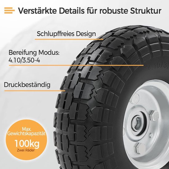 2 x PU-wiel, massieve banden, steekwagenwiel, diameter 255 x 80 mm, 4,10/3,50-4, 16 mm asbanden, lekvrij, slijtvast, reservewiel, kruiwagenbanden HMTM-WW-60005-Zwart/zilver van Merkloos	 — afbeelding 2
