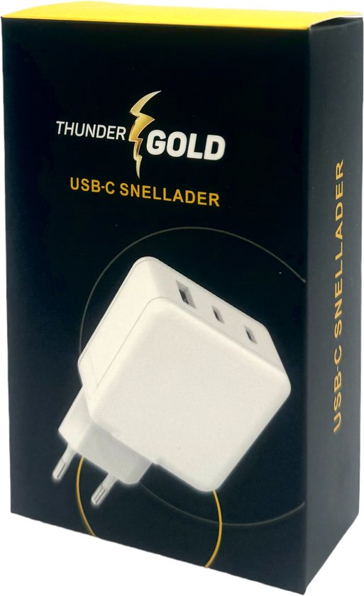 Boîte du chargeur rapide USB-C ThunderGold avec image d'un chargeur blanc.