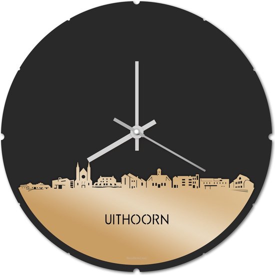 Skyline Klok Rond Uithoorn Goud Metallic - Ø 44 cm - Stil uurwerk - Wanddecoratie - Meer steden beschikbaar - Woonkamer idee - Woondecoratie - City Art - Steden kunst - Cadeau voor hem - Cadeau voor haar - Jubileum - Trouwerij - Housewarming -