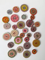 Houten knopen - retro - gekleurd - 30 stuks - rond - vrolijke print