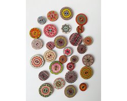 Houten knopen - retro - gekleurd - 30 stuks - rond - vrolijke print